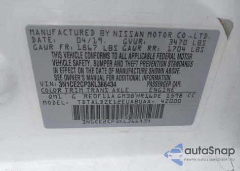 2019 Nissan Versa Note Sv z USA, uszkodzony, nr VIN 3N1CE2CP3KL366434